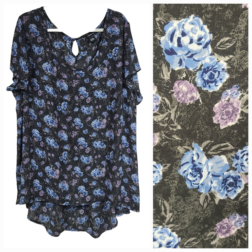 Torrid Floral Print Georgette Pleated Back Blouse Plus Size 3X 22/24 Black Blue